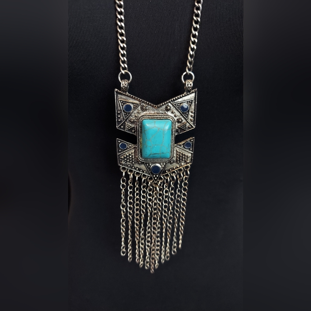 Turquoise Blue Stones With Metal Fringe Necklace